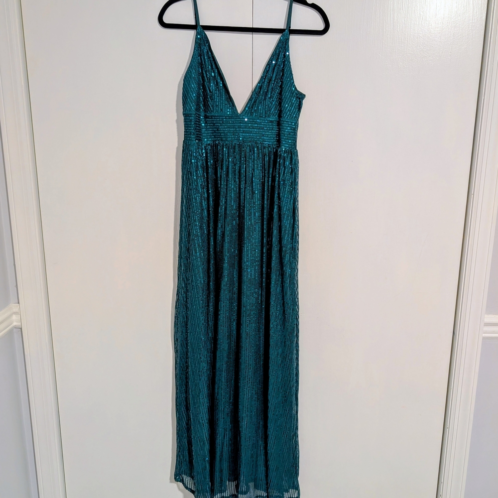 Elegant Teal, Sequin, Maxi Evening Cocktail Dress